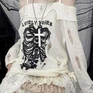 Y2K Gothic Skull Off-Shoulder Sweater - 90s Grunge, Retro, and Pastel Goth Fashion