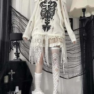 Y2K Gothic Skull Off-Shoulder Sweater - 90s Grunge, Retro, and Pastel Goth Fashion