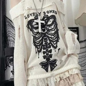 Y2K Gothic Skull Off-Shoulder Sweater - 90s Grunge, Retro, and Pastel Goth Fashion