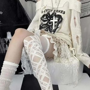 Y2K Gothic Skull Off-Shoulder Sweater - 90s Grunge, Retro, and Pastel Goth Fashion