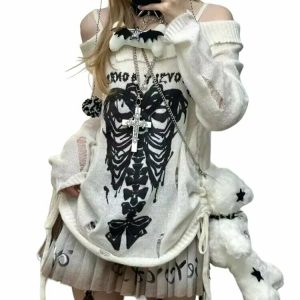 Y2K Gothic Skull Off-Shoulder Sweater - 90s Grunge, Retro, and Pastel Goth Fashion