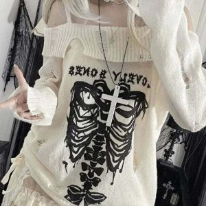 Y2K Gothic Skull Off-Shoulder Sweater - 90s Grunge, Retro, and Pastel Goth Fashion