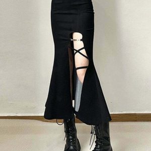 Y2K Gothic Slit Mermaid Skirt - Retro 90s Grunge, Summer Party, and Club Outfits