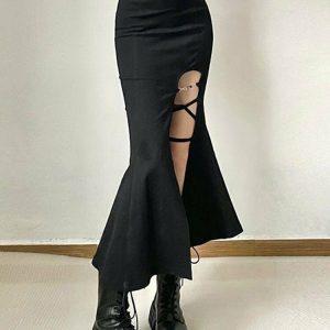 Y2K Gothic Slit Mermaid Skirt - Retro 90s Grunge, Summer Party, and Club Outfits