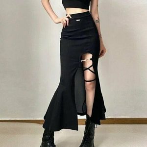 Y2K Gothic Slit Mermaid Skirt - Retro 90s Grunge, Summer Party, and Club Outfits