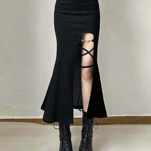 Y2K Gothic Slit Mermaid Skirt - Retro 90s Grunge, Summer Party, and Club Outfits