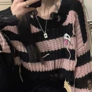 Y2K Gothic Striped Crop Knit Pullover - 90s Grunge Summer Outfit, Retro Y2K Fashion