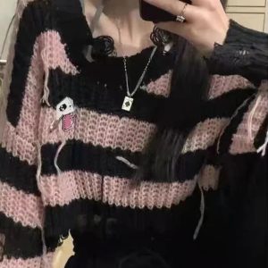 Y2K Gothic Striped Crop Knit Pullover - 90s Grunge Summer Outfit, Retro Y2K Fashion