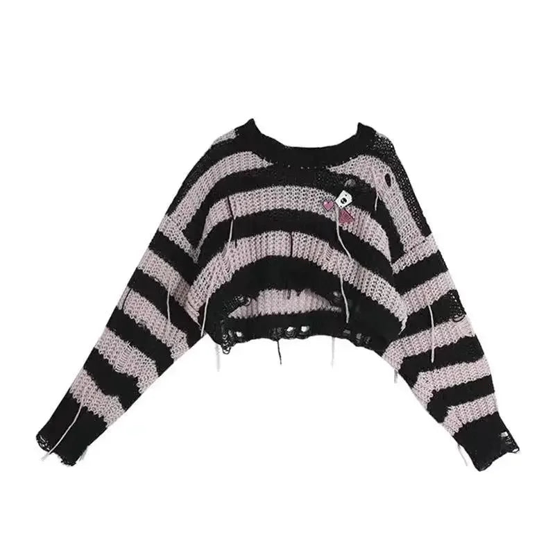 Y2K Gothic Striped Crop Knit Pullover - 90s Grunge Summer Outfit, Retro Y2K Fashion