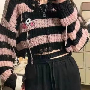 Y2K Gothic Striped Crop Knit Pullover - 90s Grunge Summer Outfit, Retro Y2K Fashion