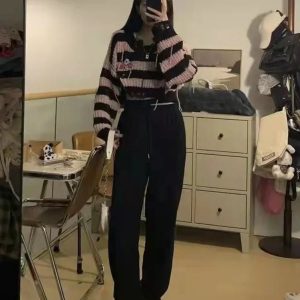 Y2K Gothic Striped Crop Knit Pullover - 90s Grunge Summer Outfit, Retro Y2K Fashion