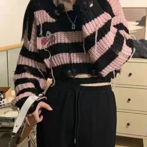 Y2K Gothic Striped Crop Knit Pullover - 90s Grunge Summer Outfit, Retro Y2K Fashion