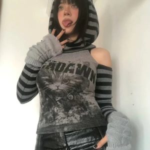 Y2K Gothic Striped Patchwork Hoodie - 90s Grunge, Retro, Pastel Goth, Summer Y2