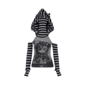 Y2K Gothic Striped Patchwork Hoodie - 90s Grunge, Retro, Pastel Goth, Summer Y2