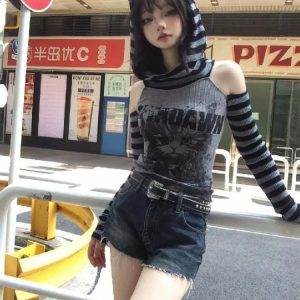 Y2K Gothic Striped Patchwork Hoodie - 90s Grunge, Retro, Pastel Goth, Summer Y2