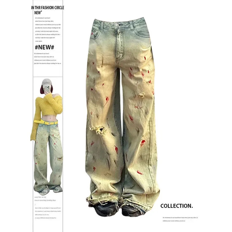 Y2K Gothic Yellow Jeans: Women's Harajuku 90s Aesthetic Baggy Denim Trousers