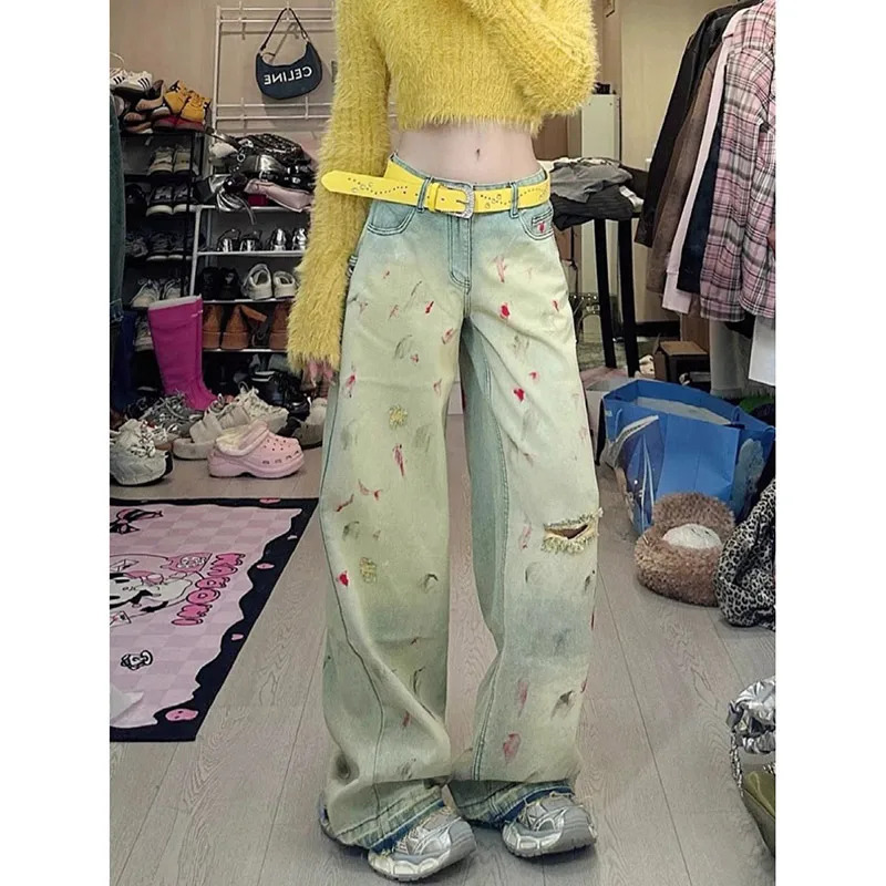 Y2K Gothic Yellow Jeans: Women's Harajuku 90s Aesthetic Baggy Denim Trousers