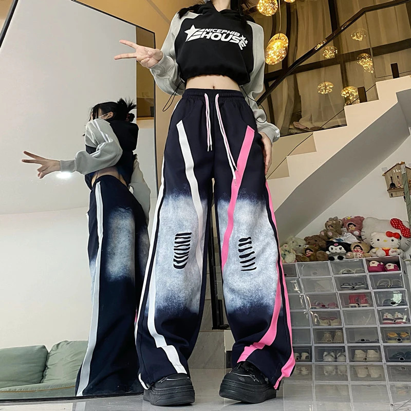 Y2K Graffiti Cargo Pants: Women's Streetwear High Waist Wide Leg Stripe Pants