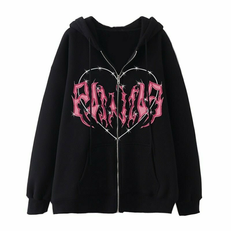 Y2K Graffiti Heart Zip-Up Hoodie - 90s Grunge, Retro, Summer, Party, and Club Out