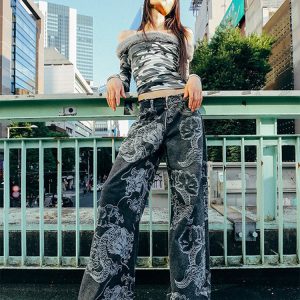 Y2K Graffiti High Waist Black Women's Jeans: Streetwear Harajuku Vintage Denim Trouser