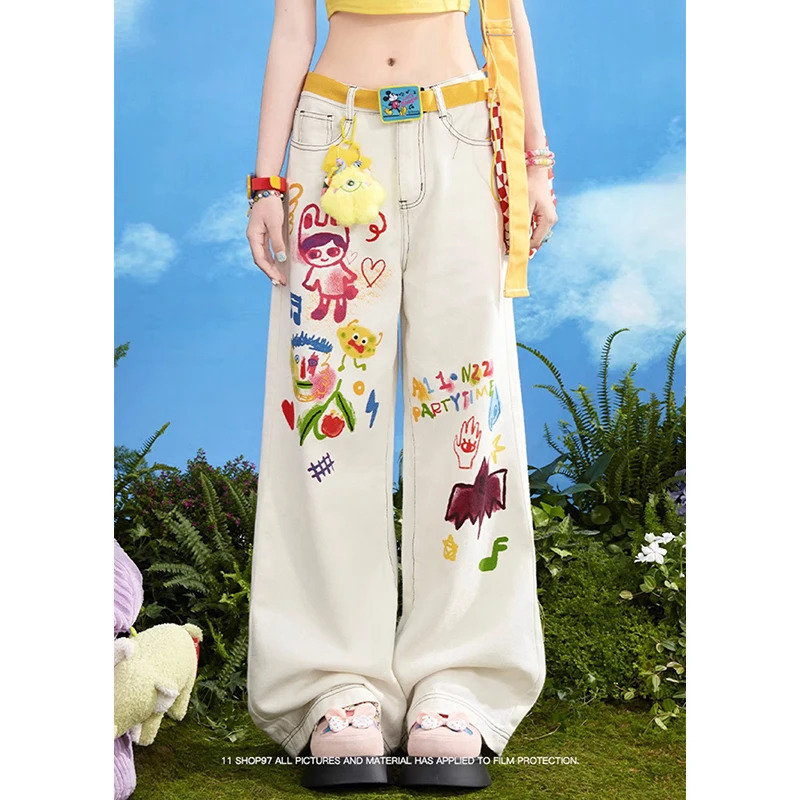 Y2K Graffiti Hip-hop Street Style White Jeans - High-waisted Wide-leg Pants for Women