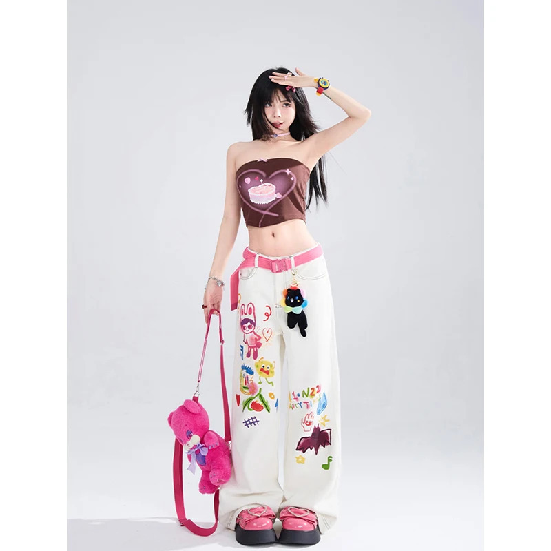 Y2K Graffiti Hip-hop Street Style White Jeans - High-waisted Wide-leg Pants for Women