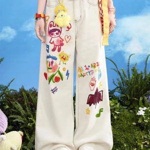 Y2K Graffiti Hip-hop Street Style White Jeans - High-waisted Wide-leg Pants for Women