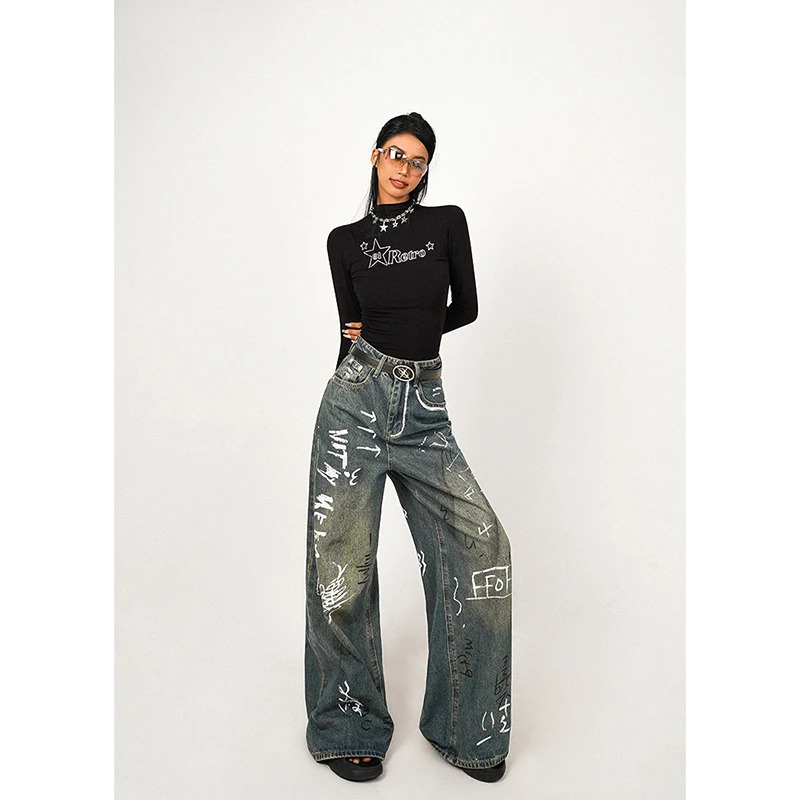 Y2K Graffiti Hip Hop Streetwear High Waist Wide Leg Jeans - Women's Fashion