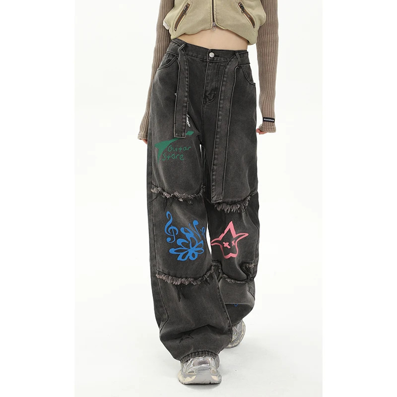 Y2K Graffiti Hip Hop Streetwear High Waist Wide Leg Jeans - Women's Fashion