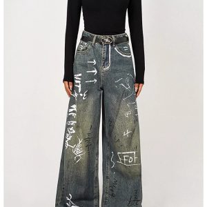 Y2K Graffiti Hip Hop Streetwear High Waist Wide Leg Jeans - Women's Fashion