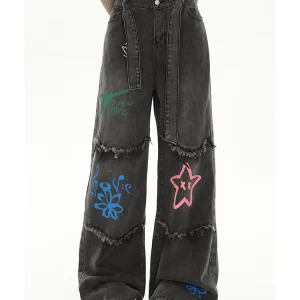 Y2K Graffiti Hip Hop Streetwear High Waist Wide Leg Jeans - Women's Fashion