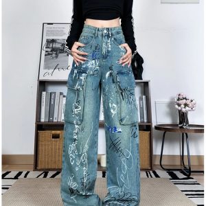 Y2K Graffiti Hip Hop Streetwear High Waist Wide Leg Jeans - Women's Fashion