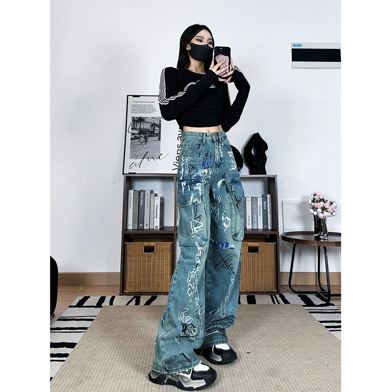 Y2K Graffiti Hip Hop Streetwear High Waist Wide Leg Jeans - Women's Fashion