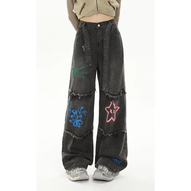 Y2K Graffiti Hip Hop Streetwear High Waist Wide Leg Jeans - Women's Fashion