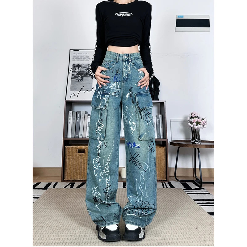 Y2K Graffiti Hip Hop Streetwear High Waist Wide Leg Jeans - Women's Fashion