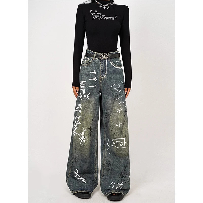 Y2K Graffiti Hip Hop Streetwear High Waist Wide Leg Jeans - Women's Fashion