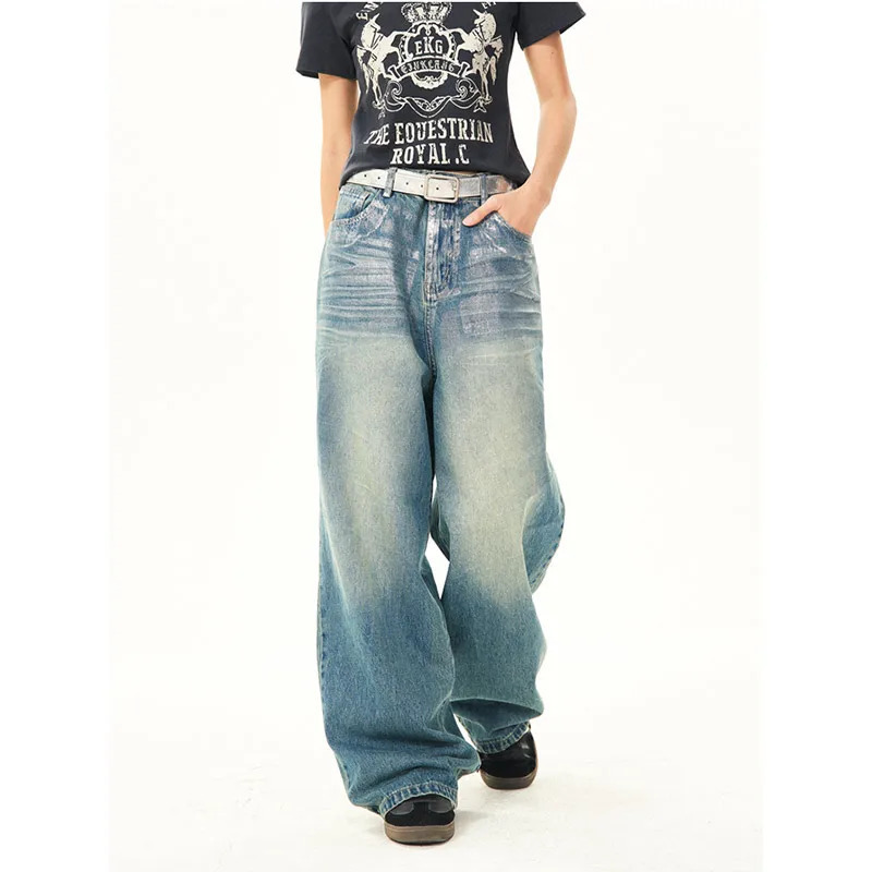 Y2k Graffiti Jeans: Women's Blue Harajuku 90s Baggy Denim Trousers