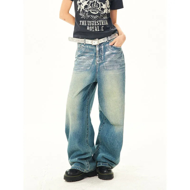 Y2k Graffiti Jeans: Women's Blue Harajuku 90s Baggy Denim Trousers