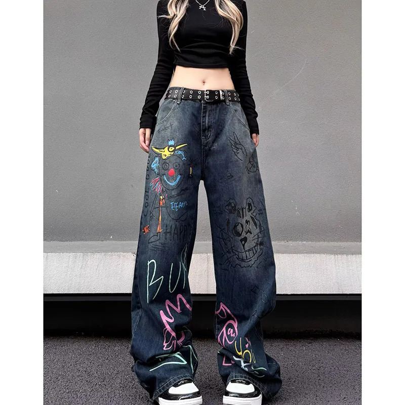 Y2K Graffiti Jeans: Women's High Waist Baggy Denim Trousers - Vintage 90s Aesthetic