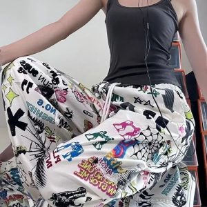 Y2K Graffiti Print Wide Leg Pants - Retro 90s Grunge Summer Outfit, Y2K Fashion Essentials