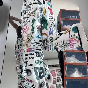 Y2K Graffiti Print Wide Leg Pants - Retro 90s Grunge Summer Outfit, Y2K Fashion Essentials