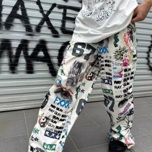 Y2K Graffiti Print Wide Leg Pants - Retro 90s Grunge Summer Outfit, Y2K Fashion Essentials