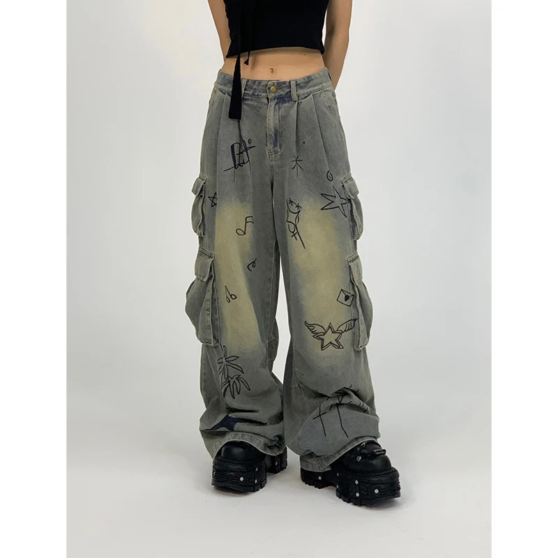 Y2K Graffiti Wash Blue Jeans - High-Waisted Wide-Leg Street Fashion