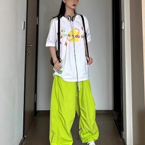 Y2K Green Parachute Wide Leg Pants - Retro 90s Grunge Summer Outfit, Y2K Club &