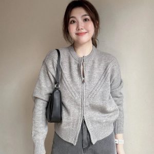 Y2K Grey Knit Cardigan - 90s Grunge, Retro Summer Outfit, Y2K Party & Club Fashion