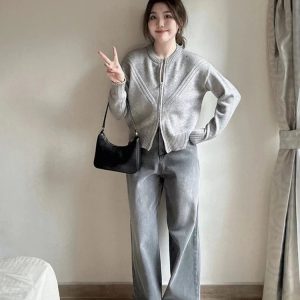 Y2K Grey Knit Cardigan - 90s Grunge, Retro Summer Outfit, Y2K Party & Club Fashion