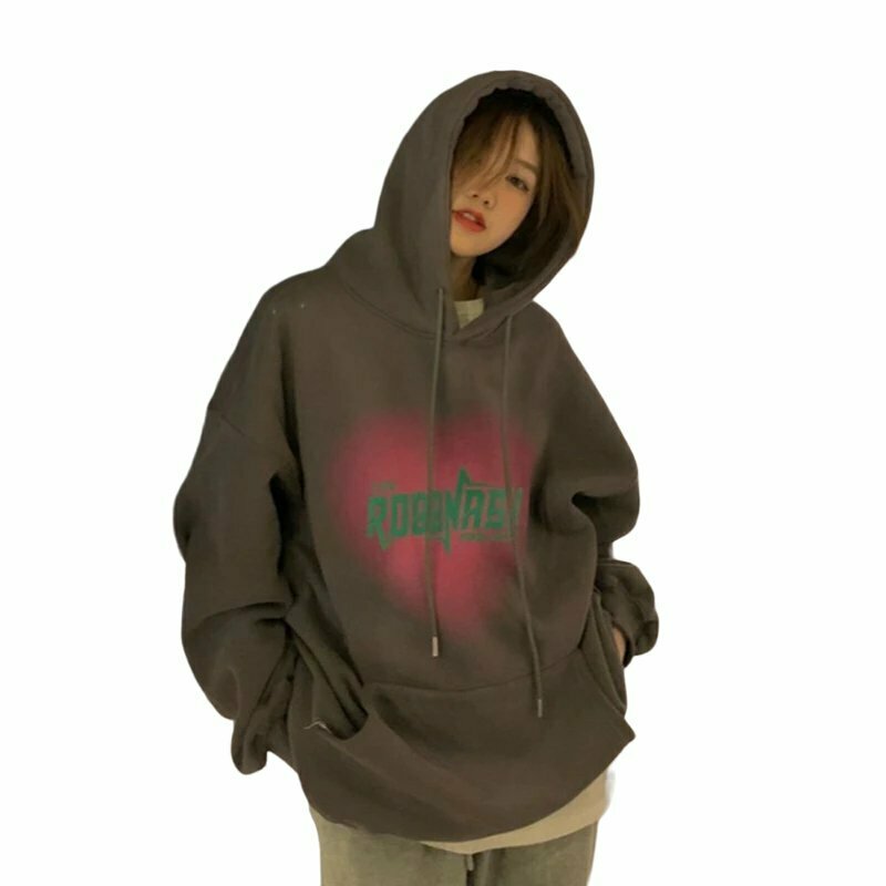 Y2K Grey Letter Print Fleece Hoodie - Retro 90s Grunge, Summer Y2K Outfits, Past