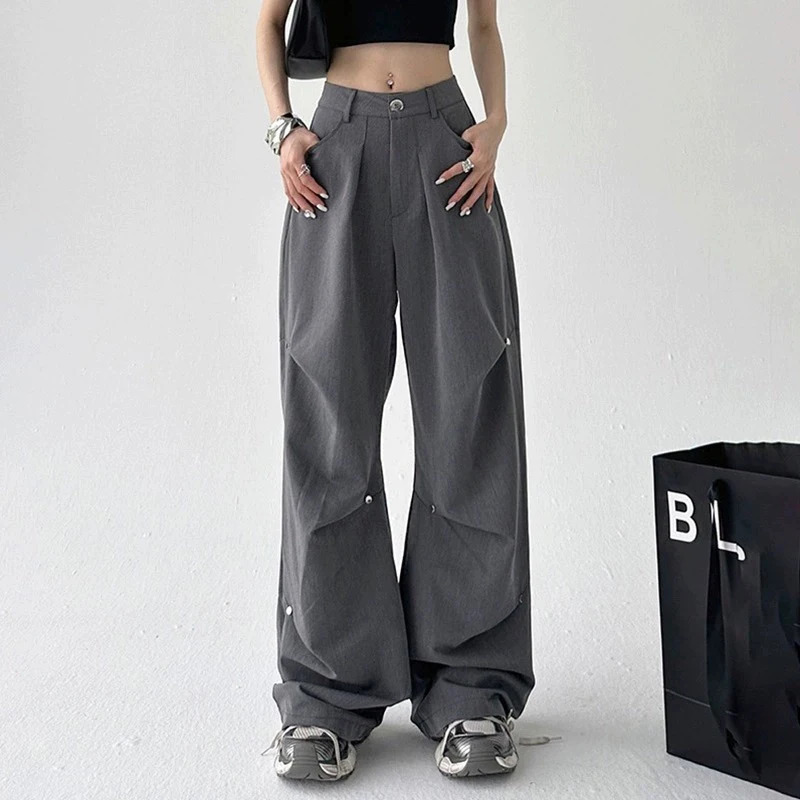 Y2K Grey Wide Leg Cargo Pants - Vintage Streetwear Sweatpants