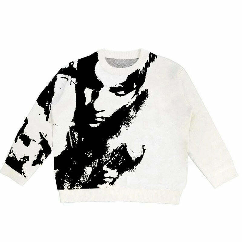 Y2K Grunge Abstract Face Graphic Sweater - Retro 90s Fashion, Summer Y2K Outfits