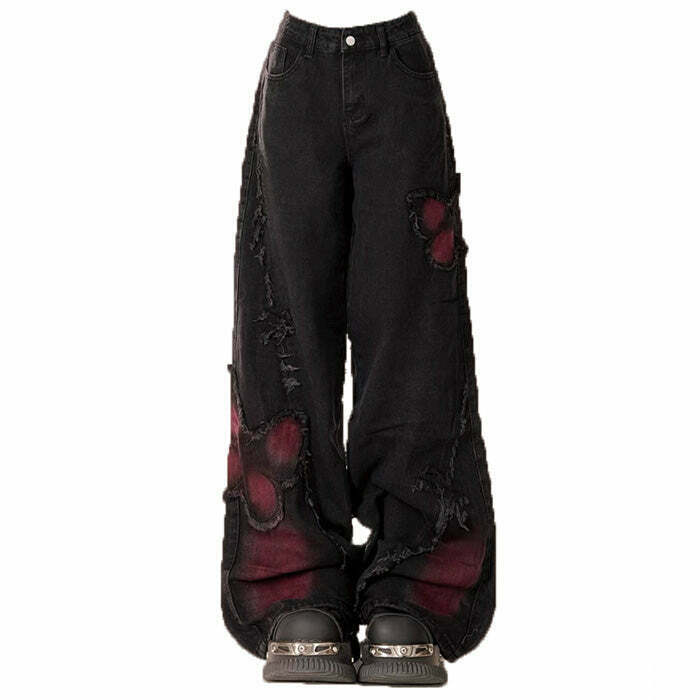 Y2K Grunge Aesthetic Black & Red Butterfly Jeans - 90s Fashion, Retro Style, Y2K Out